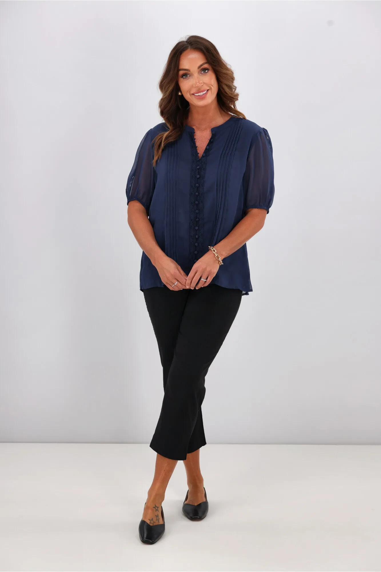 Gloss by Shine On Elin Lace Pin Tuck Blouse Midnight