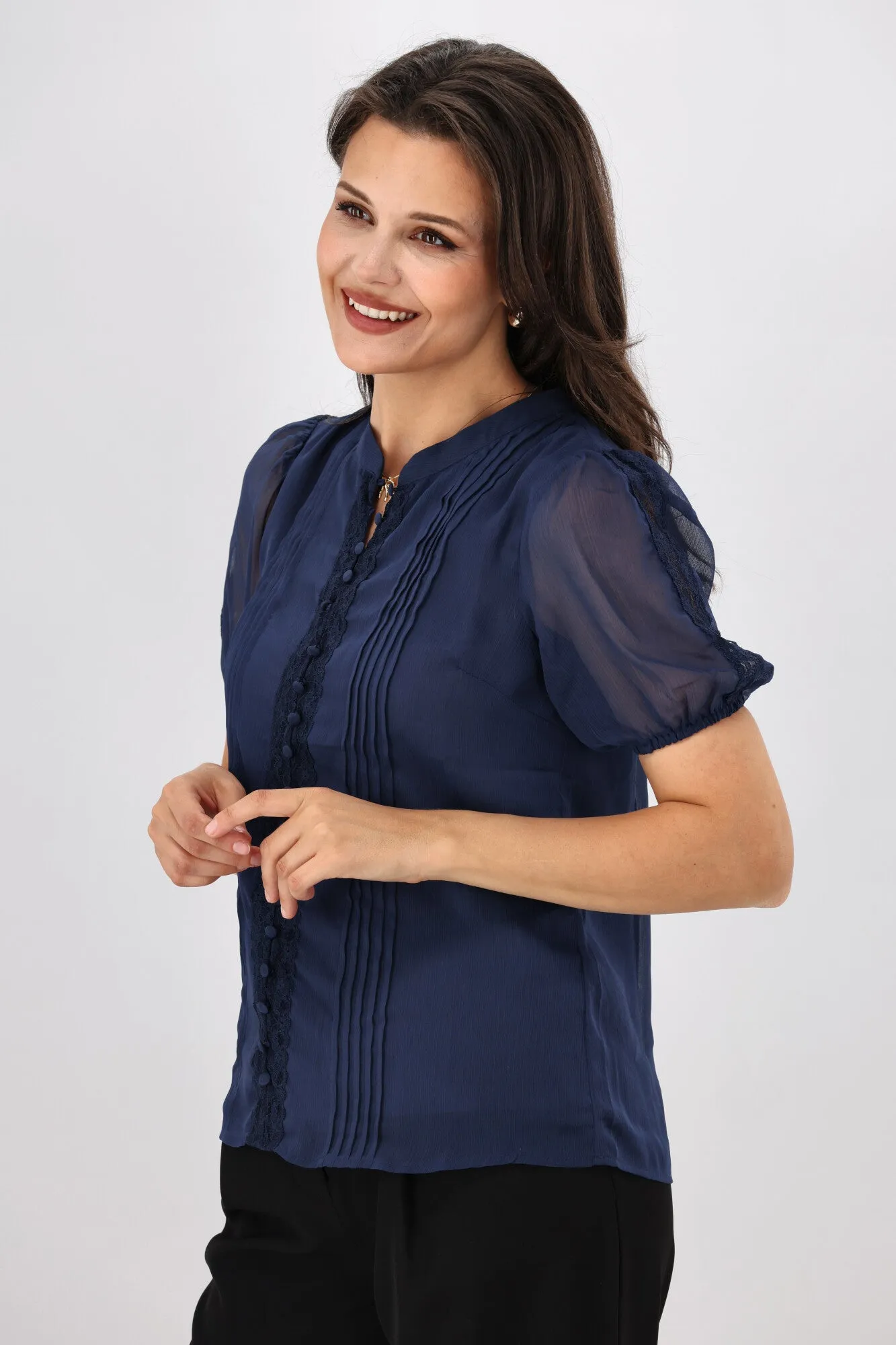 Gloss by Shine On Elin Lace Pin Tuck Blouse Midnight