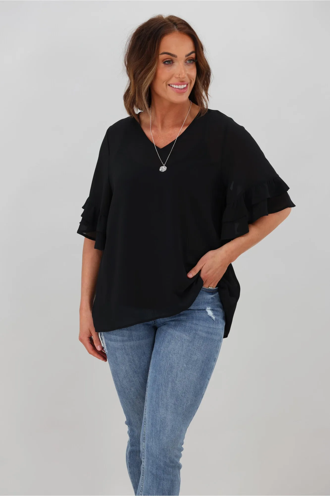 Gloss by Shine On Harper Frill Sleeve Top Black