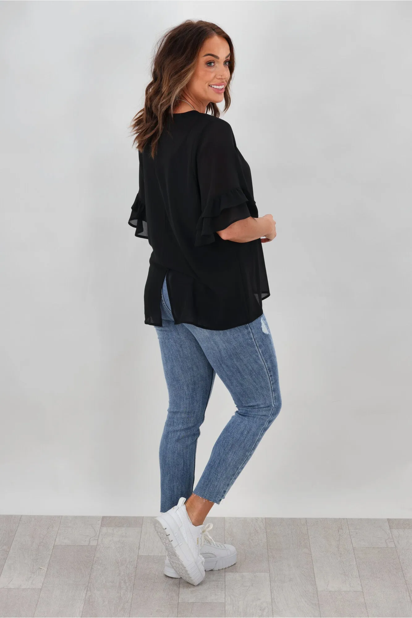 Gloss by Shine On Harper Frill Sleeve Top Black