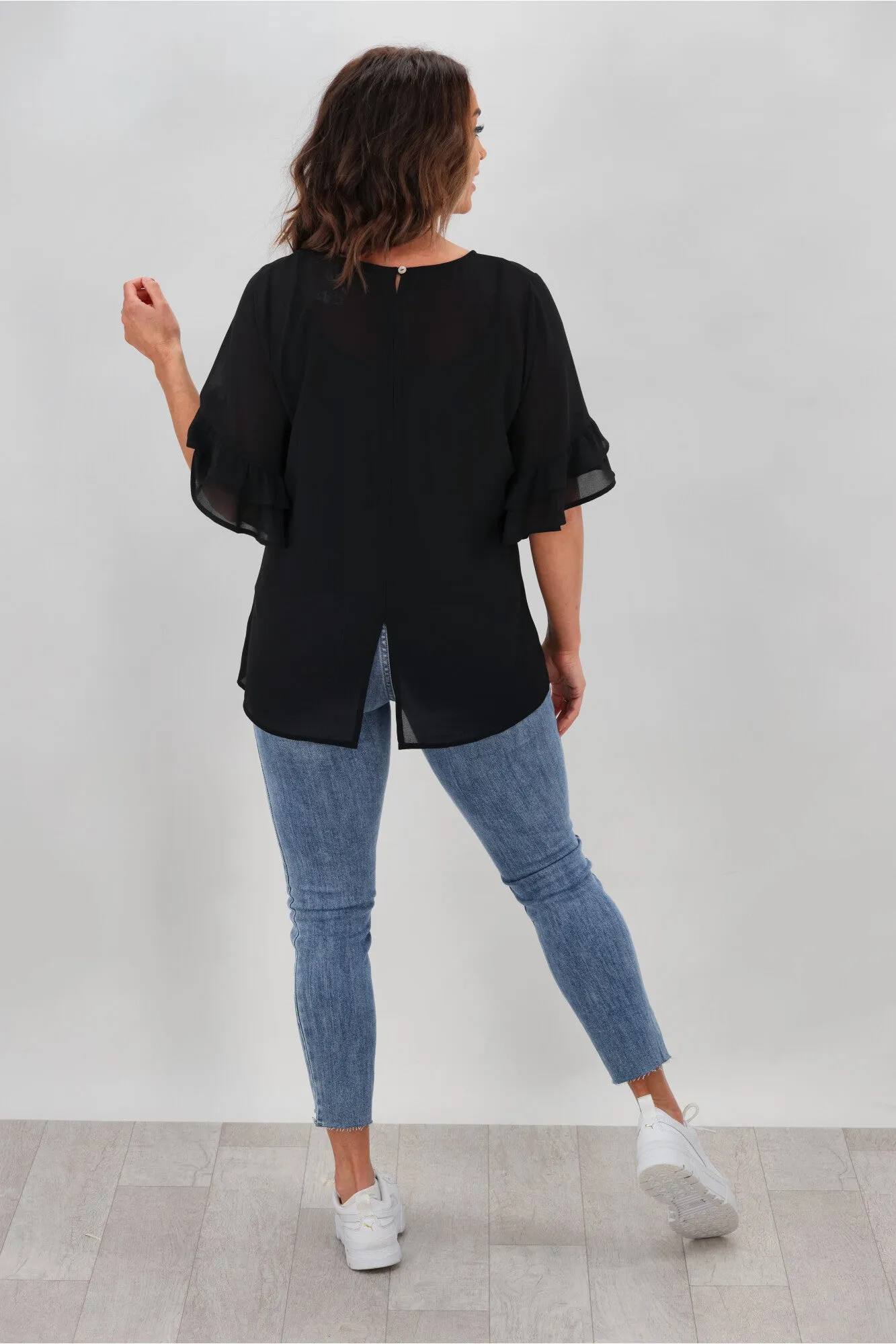 Gloss by Shine On Harper Frill Sleeve Top Black