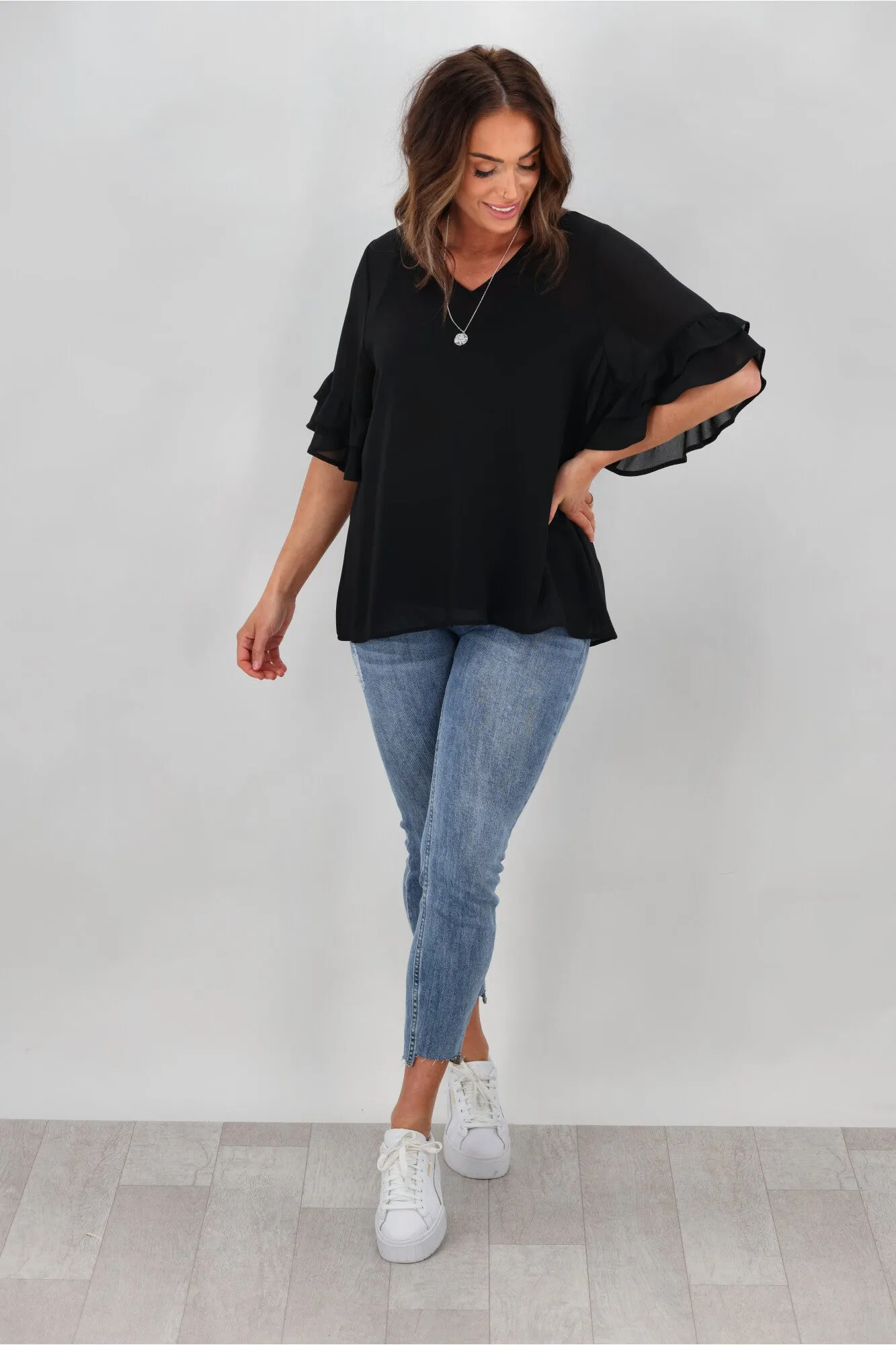 Gloss by Shine On Harper Frill Sleeve Top Black