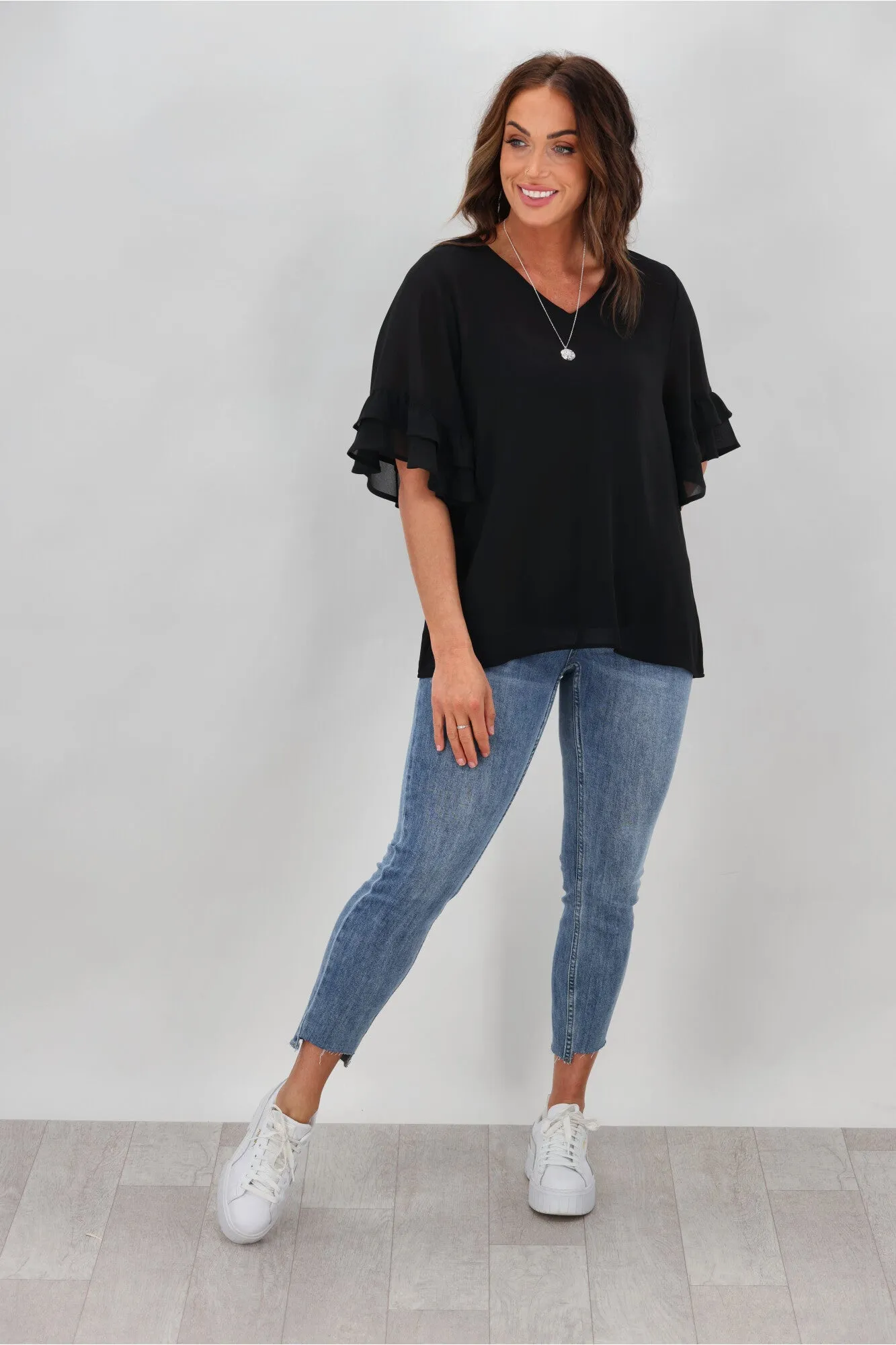 Gloss by Shine On Harper Frill Sleeve Top Black