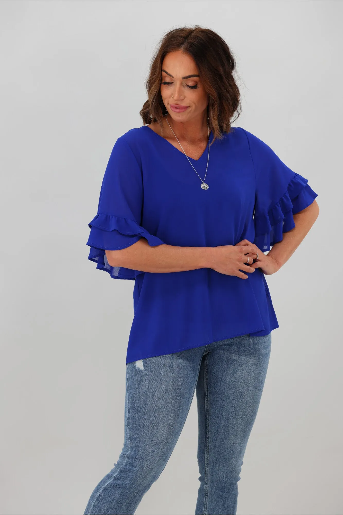 Gloss by Shine On Harper Frill Sleeve Top Cobalt