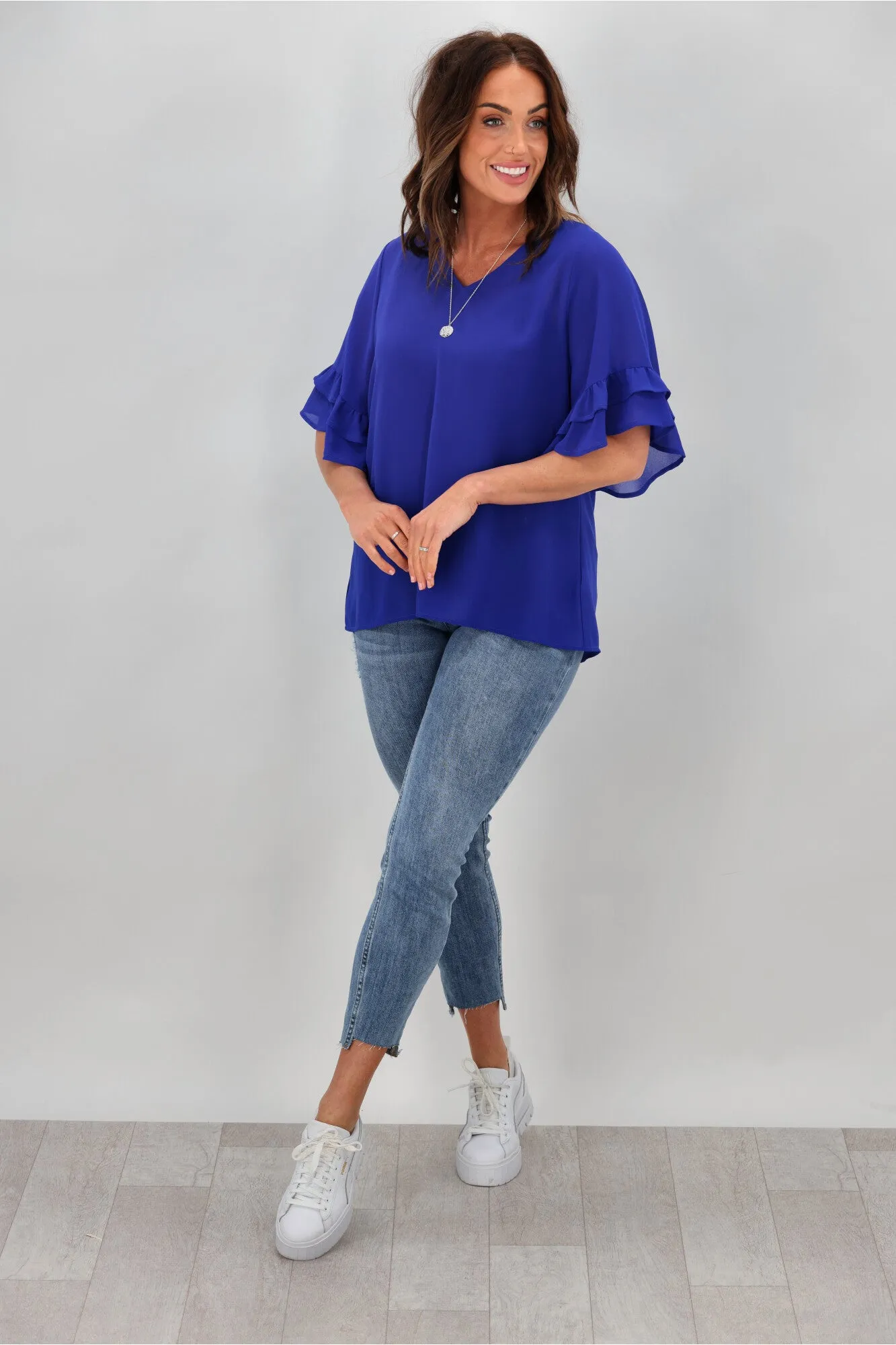 Gloss by Shine On Harper Frill Sleeve Top Cobalt
