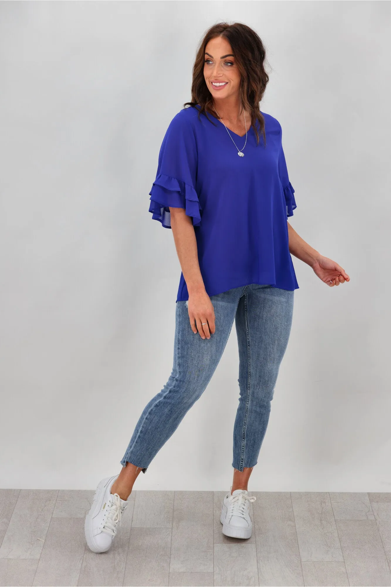Gloss by Shine On Harper Frill Sleeve Top Cobalt
