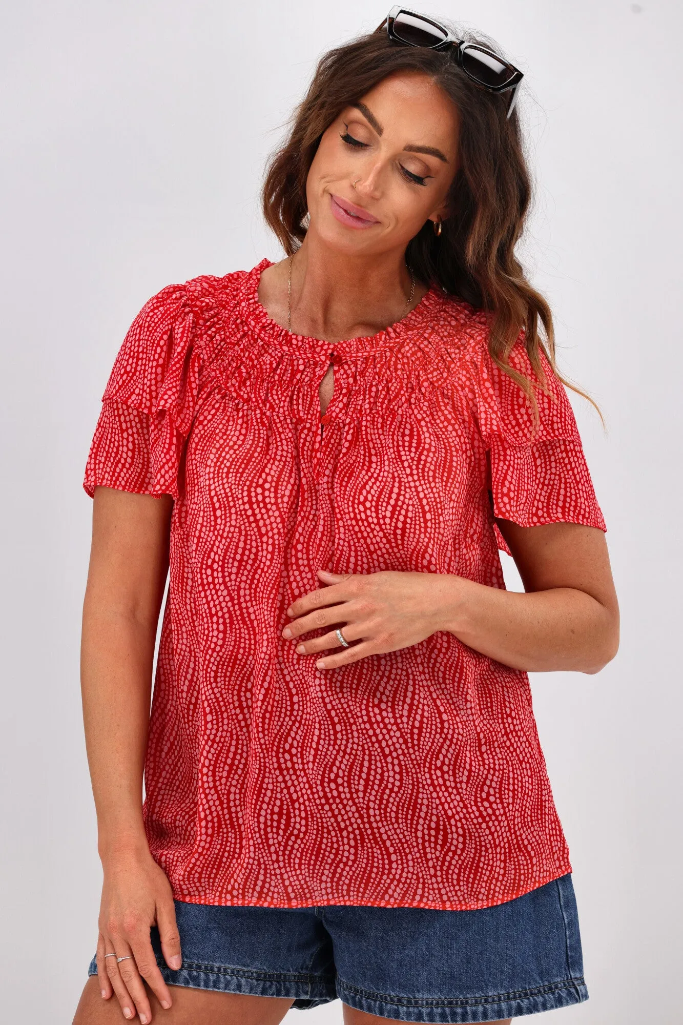Gloss by Shine On Marbella Ruffle Detail Top Red Pink Spot Print