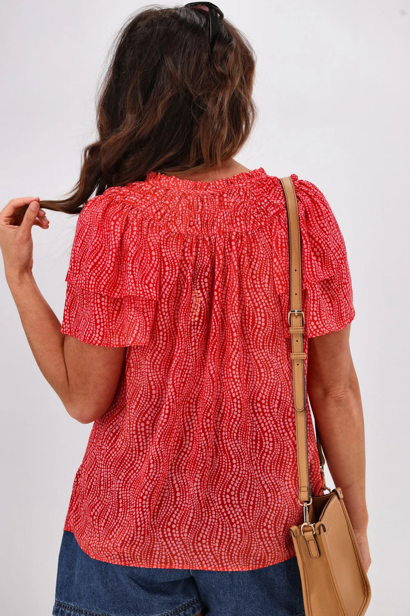 Gloss by Shine On Marbella Ruffle Detail Top Red Pink Spot Print