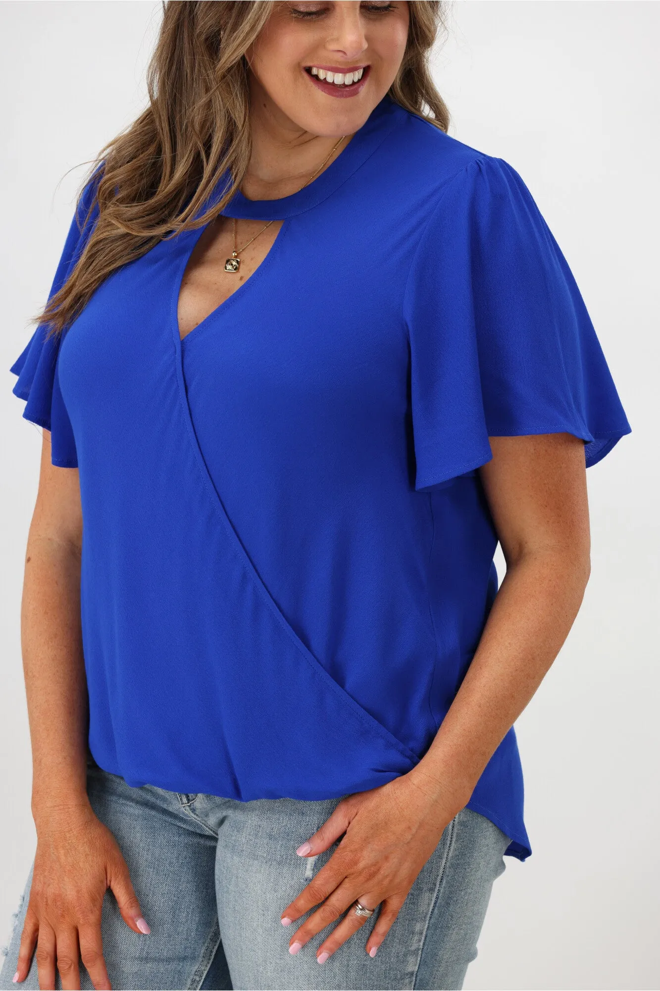 Gloss by Shine On Maria Crossover Front High Neck Blouse Cobalt