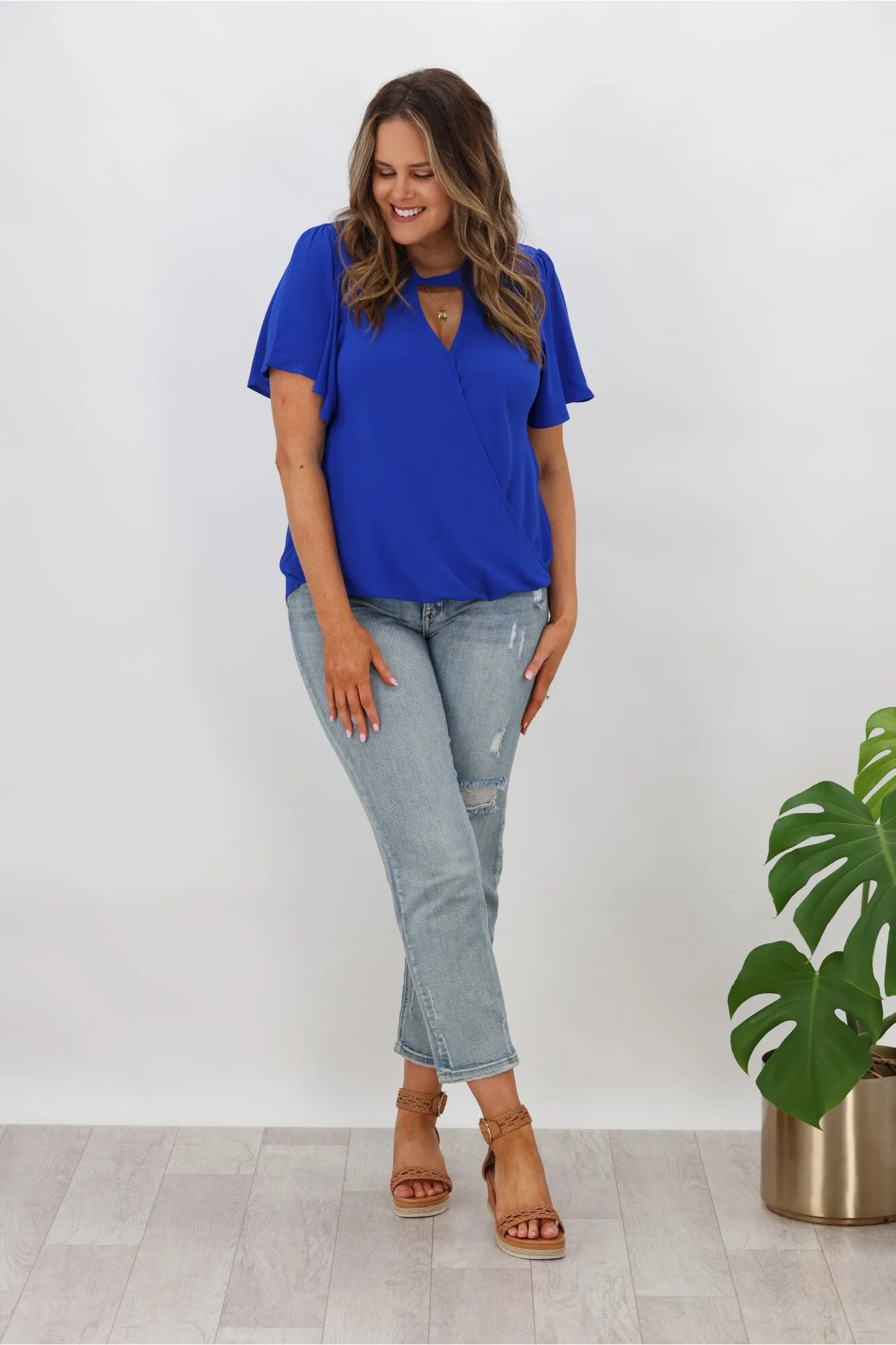 Gloss by Shine On Maria Crossover Front High Neck Blouse Cobalt