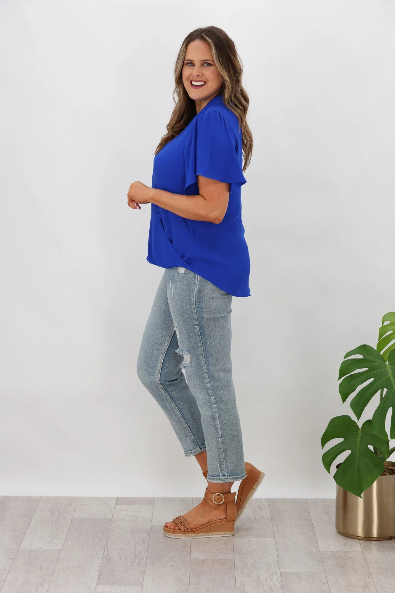 Gloss by Shine On Maria Crossover Front High Neck Blouse Cobalt