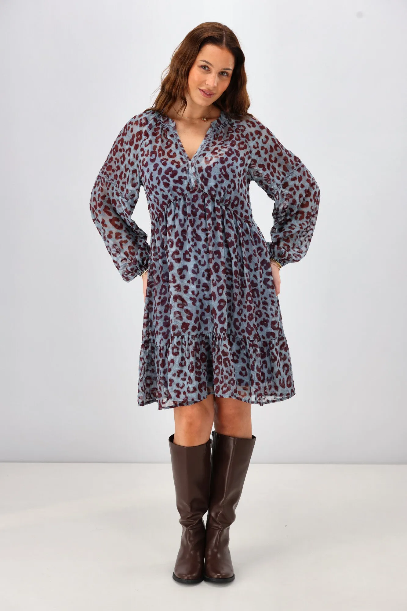 Gloss The Label Anais Empire Line Dress Blue Animal Print