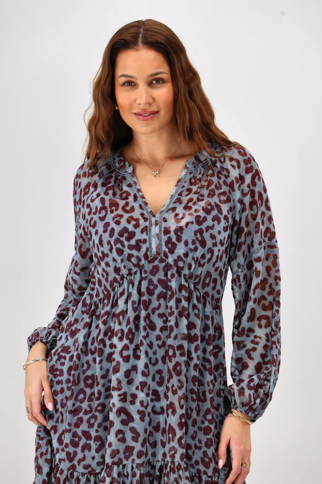 Gloss The Label Anais Empire Line Dress Blue Animal Print