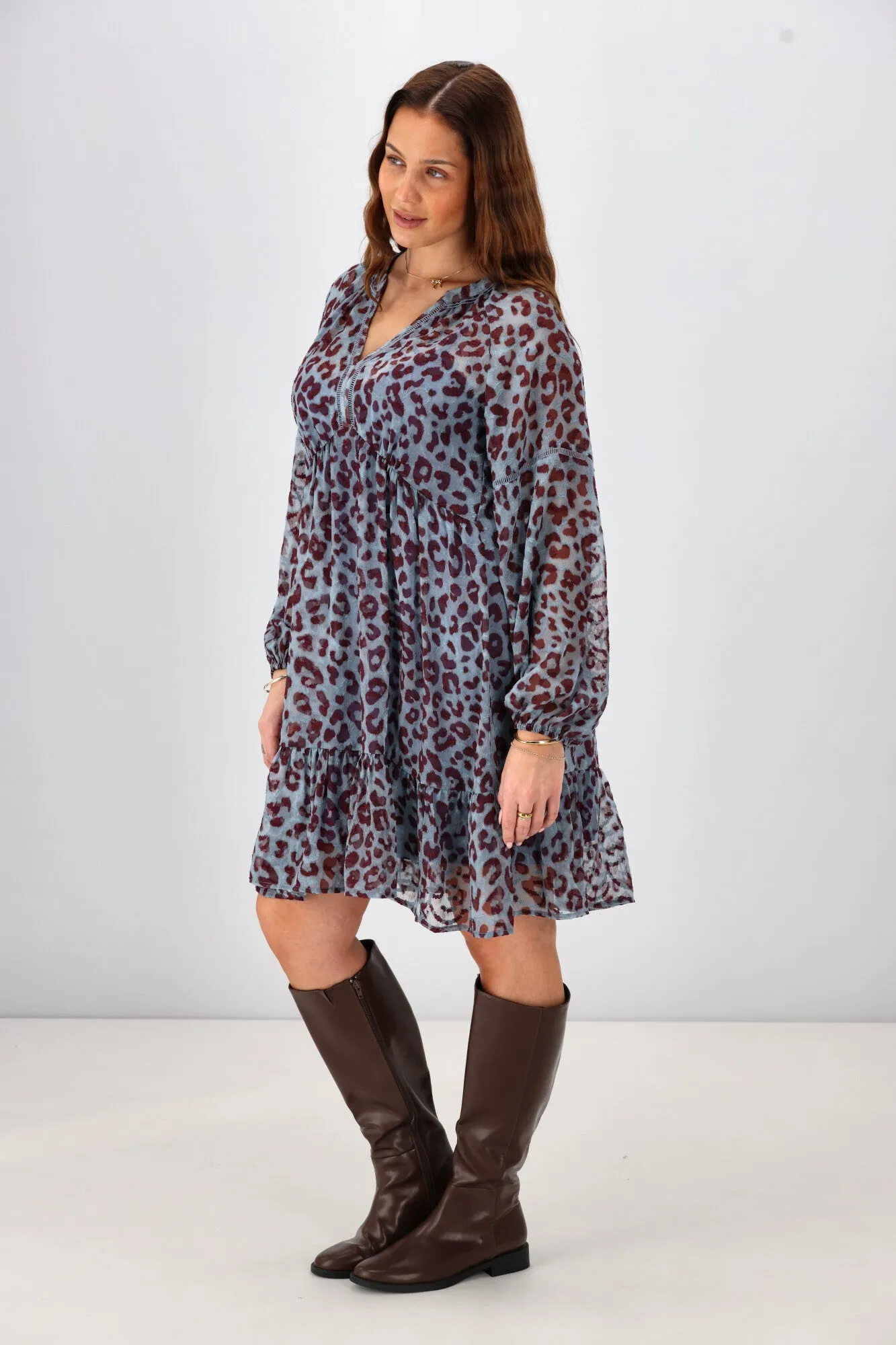 Gloss The Label Anais Empire Line Dress Blue Animal Print