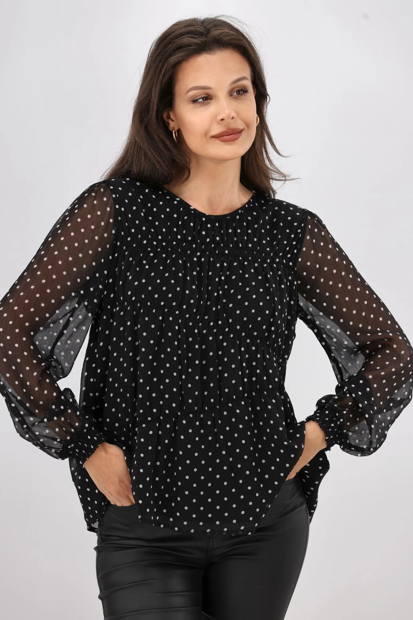 Gloss the Label Olsen Shirred Detail Top Black Polka Dot