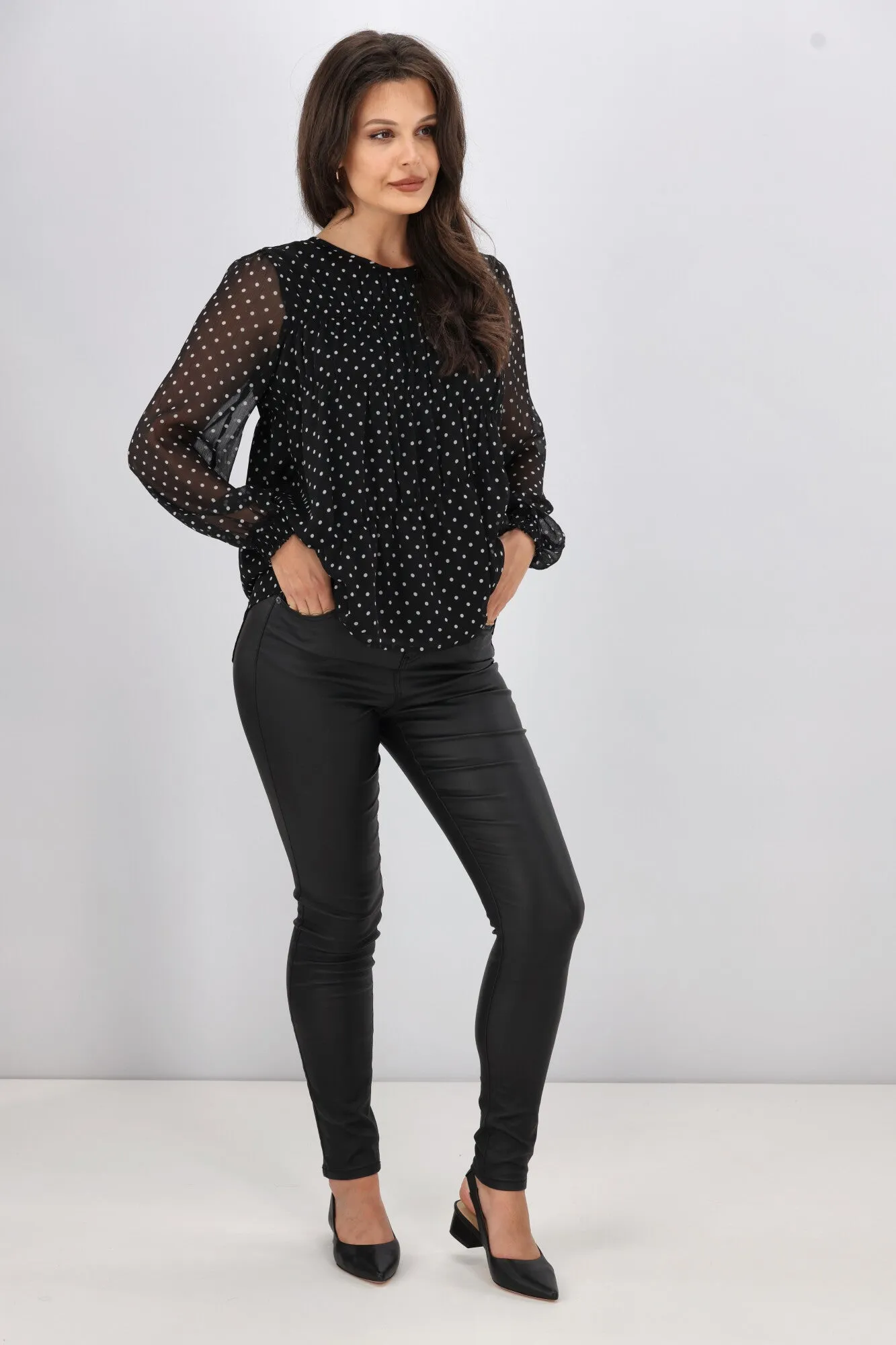 Gloss the Label Olsen Shirred Detail Top Black Polka Dot