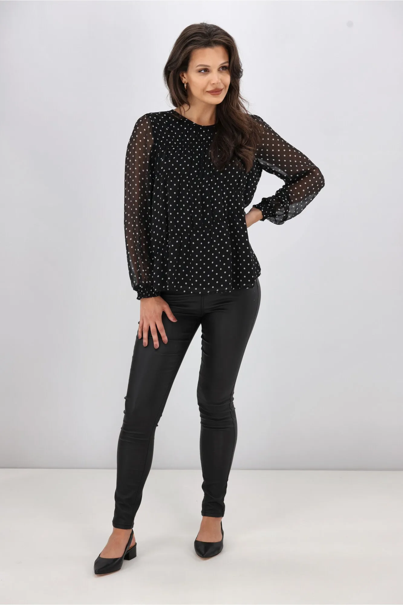 Gloss the Label Olsen Shirred Detail Top Black Polka Dot