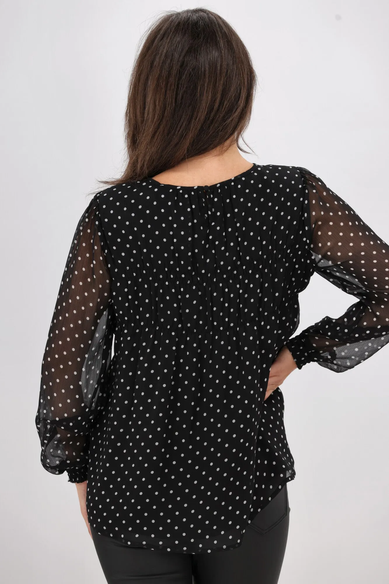 Gloss the Label Olsen Shirred Detail Top Black Polka Dot