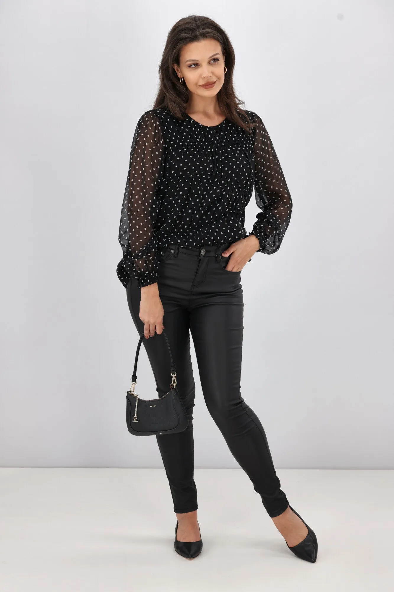 Gloss the Label Olsen Shirred Detail Top Black Polka Dot