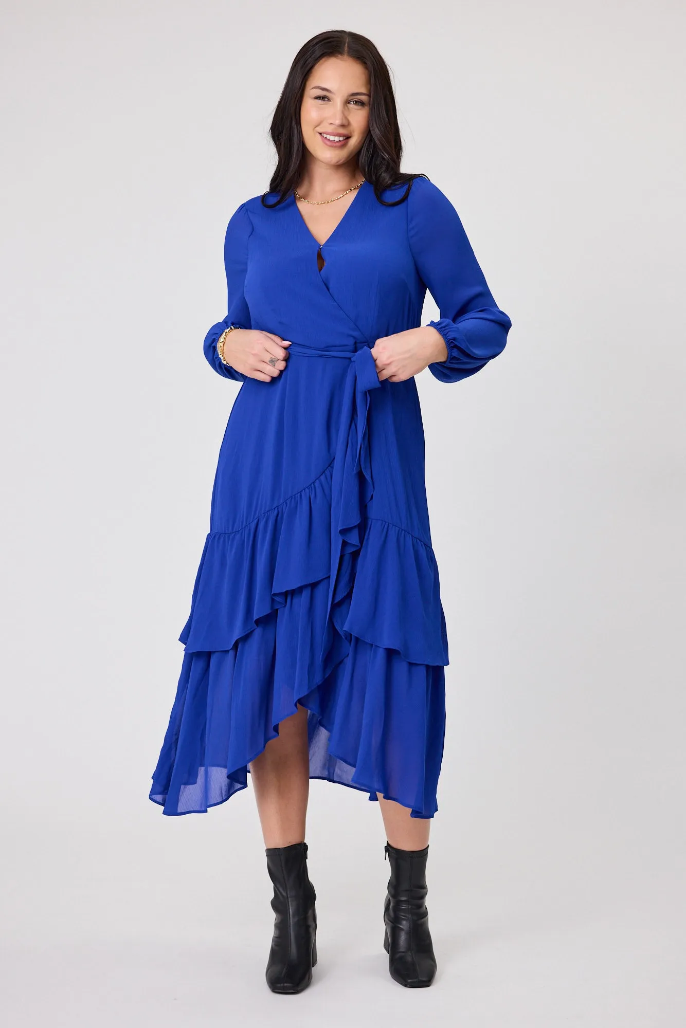 Gloss The Label Peta Ruffle Mock Wrap Dress Blue