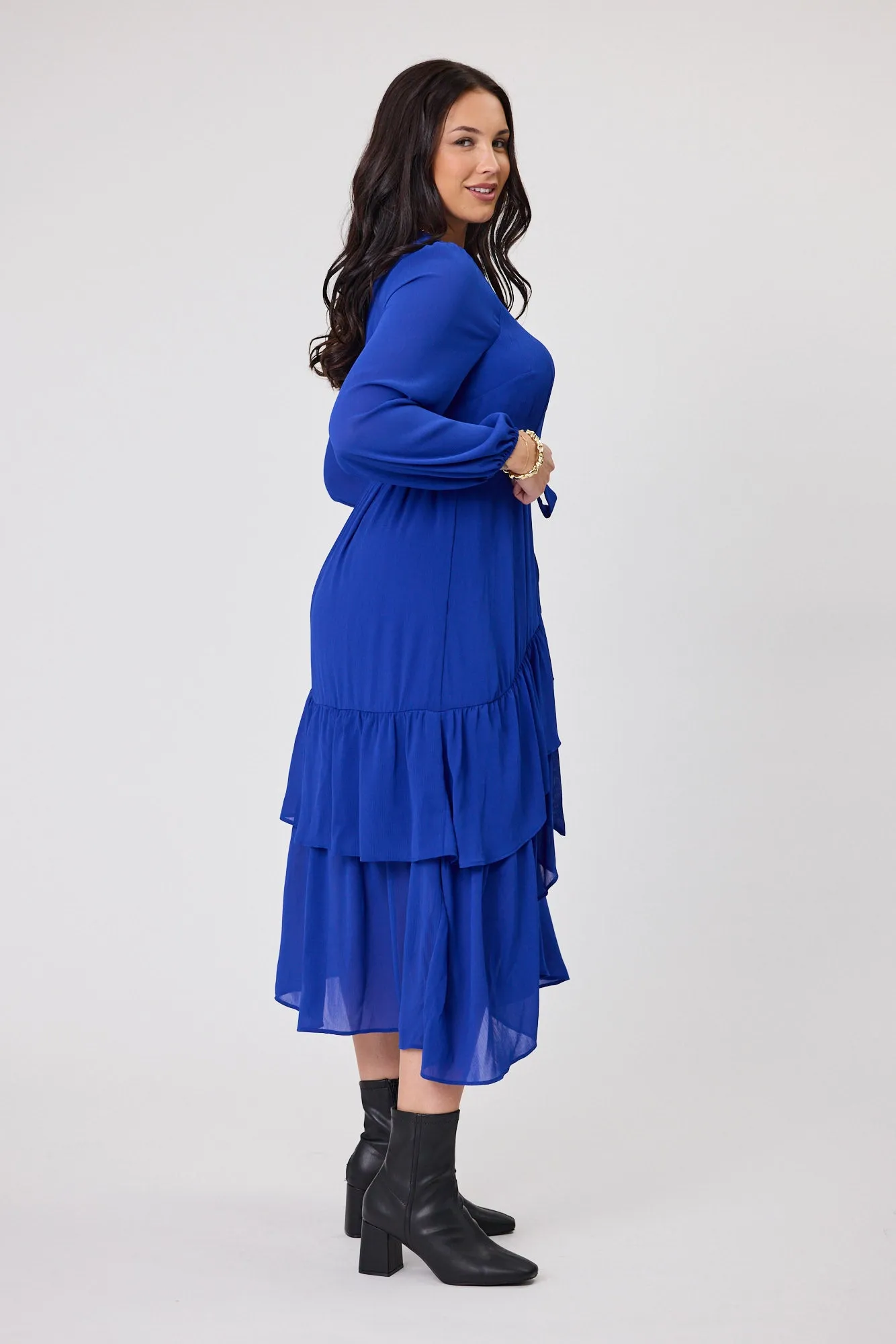 Gloss The Label Peta Ruffle Mock Wrap Dress Blue
