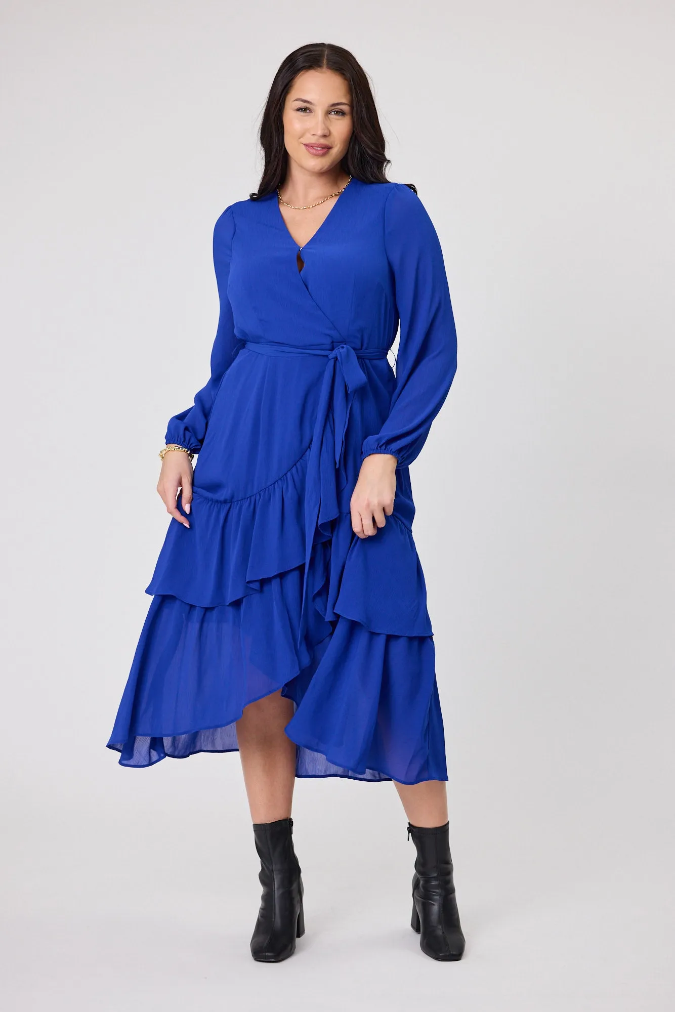 Gloss The Label Peta Ruffle Mock Wrap Dress Blue