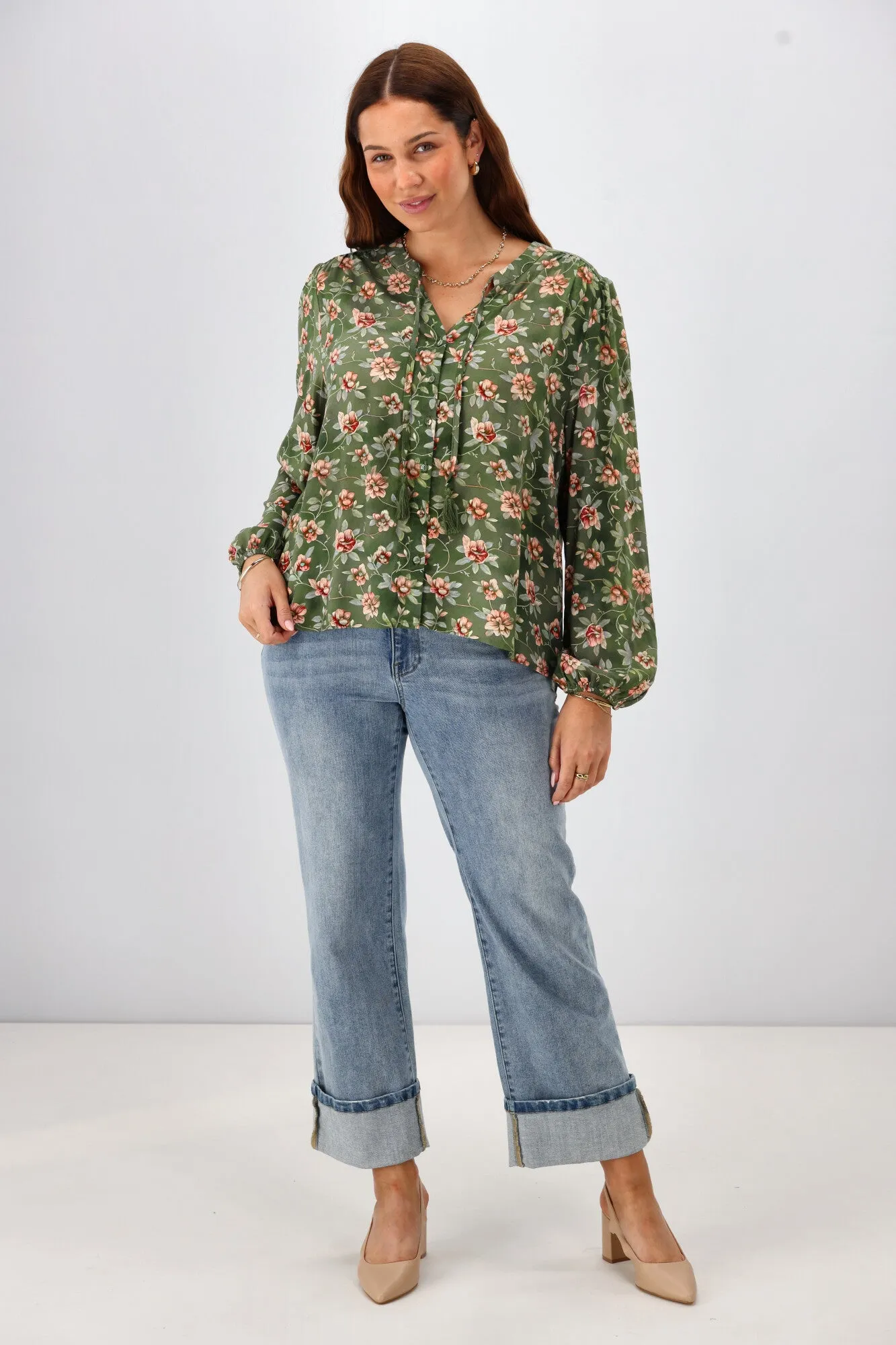 Gloss The Label Zinnia Mandarin Collar Blouse Botanical Floral
