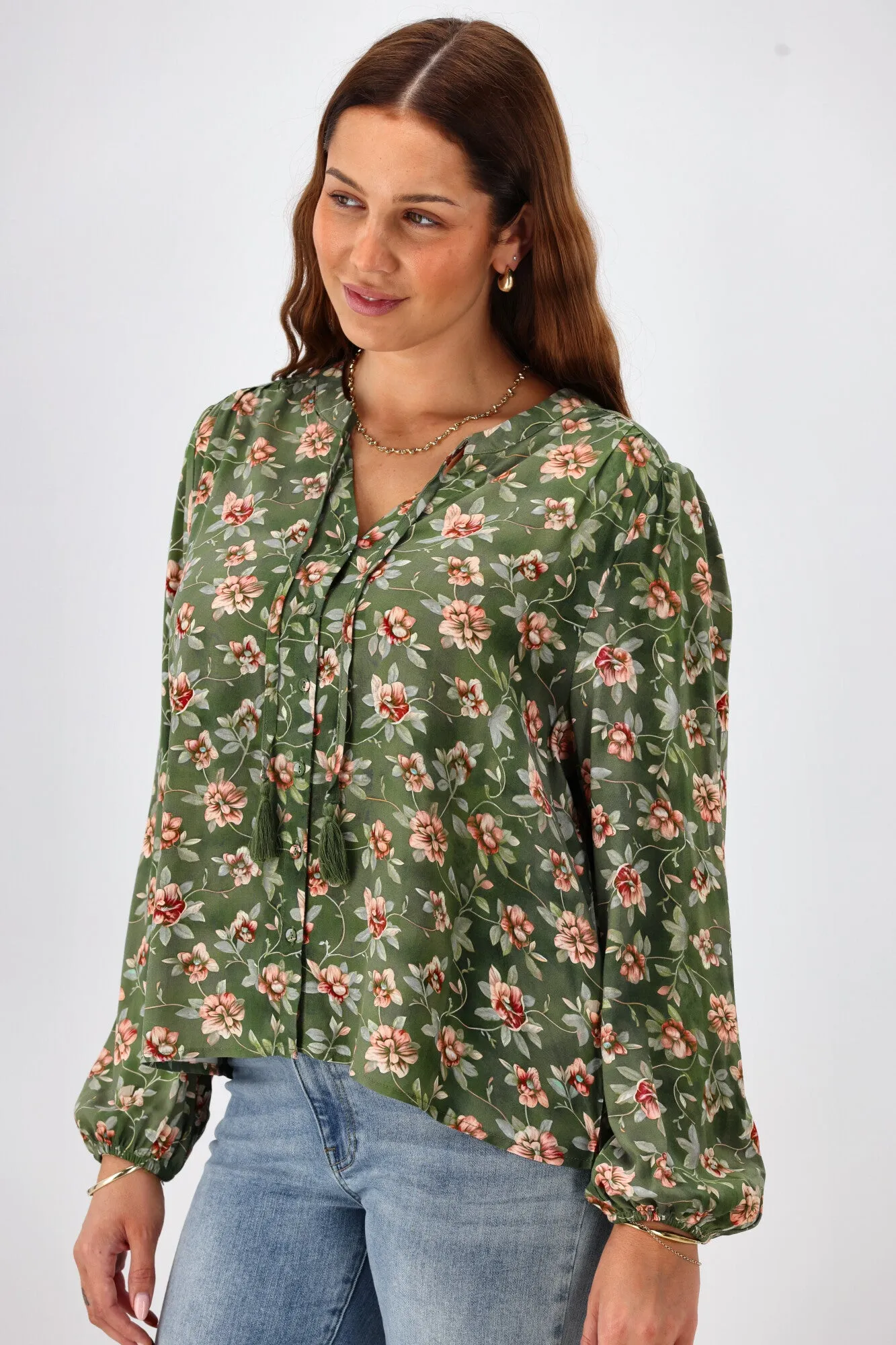 Gloss The Label Zinnia Mandarin Collar Blouse Botanical Floral