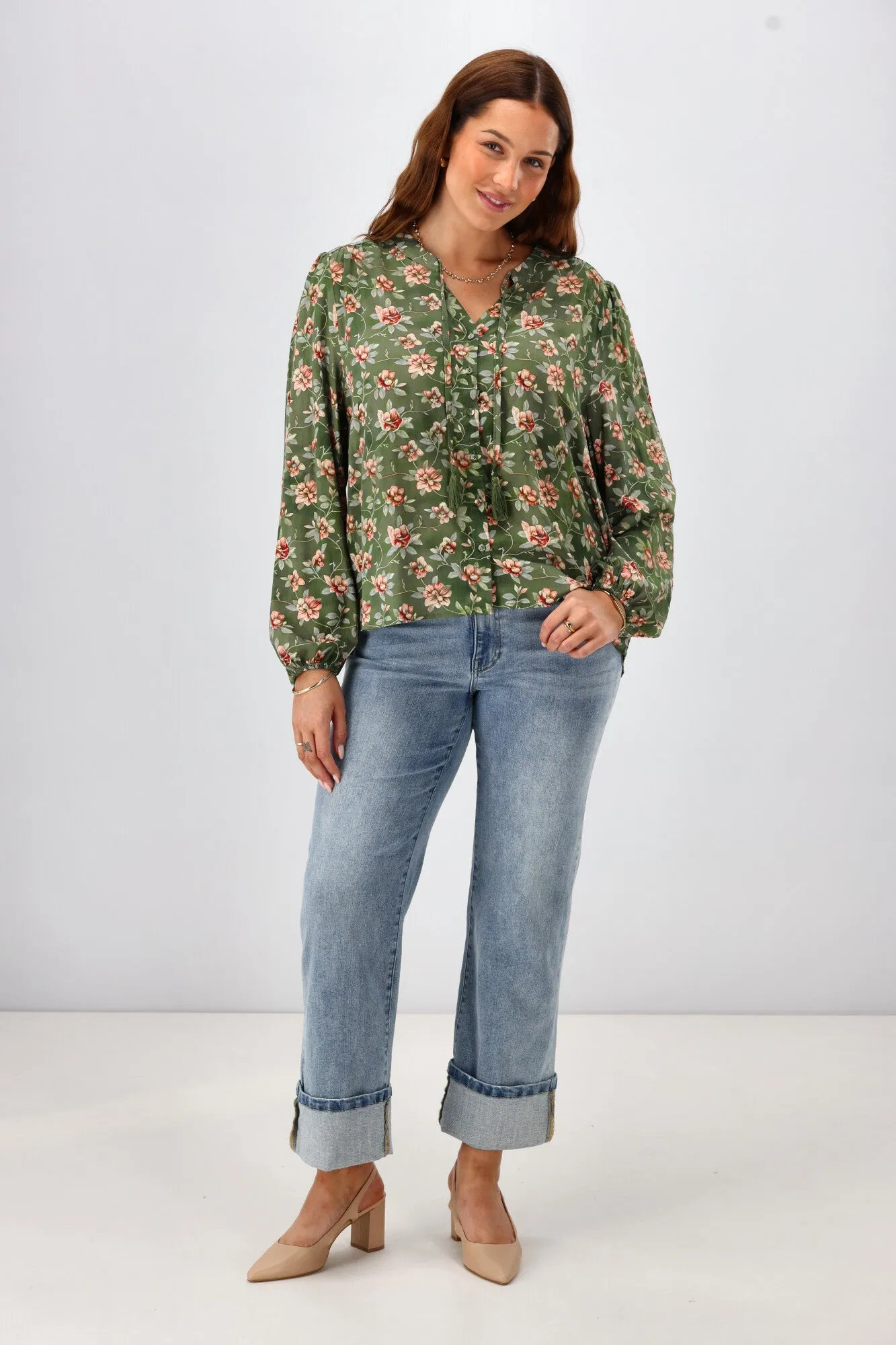 Gloss The Label Zinnia Mandarin Collar Blouse Botanical Floral