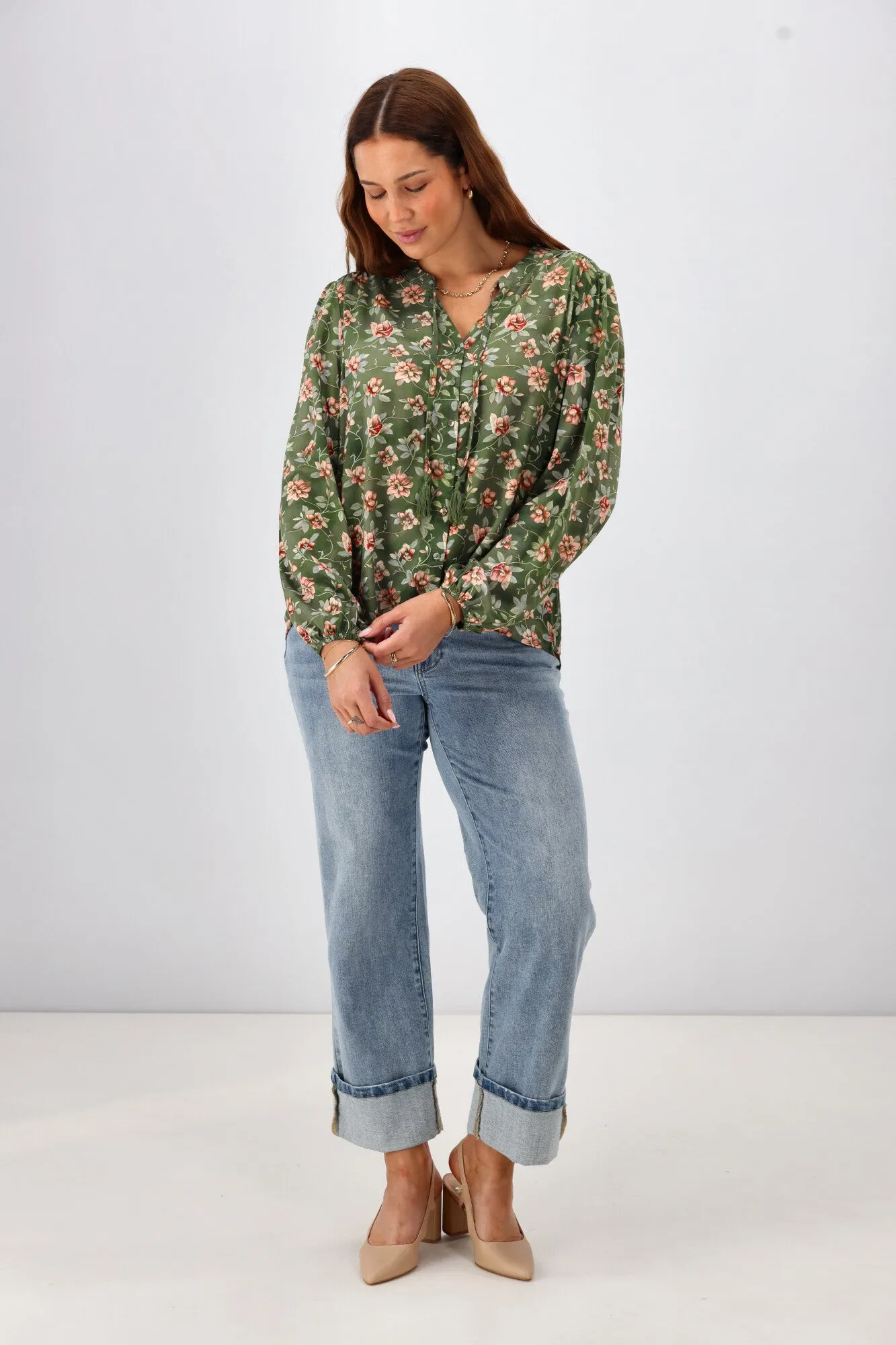 Gloss The Label Zinnia Mandarin Collar Blouse Botanical Floral