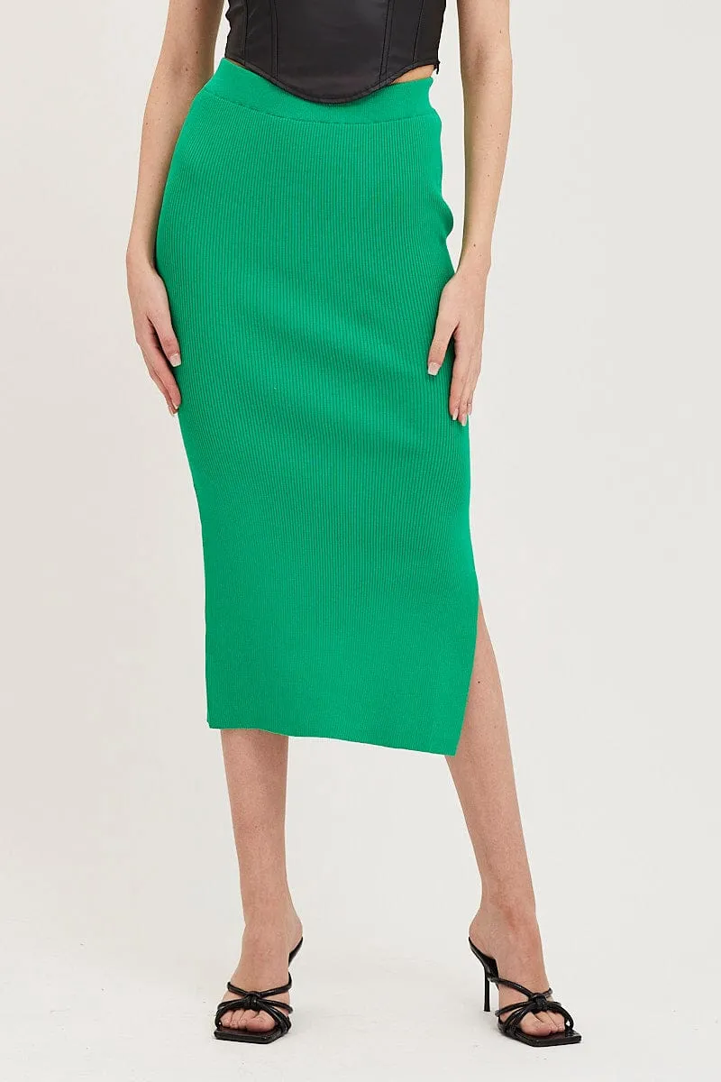 Green Knit Skirt Midi Side Split