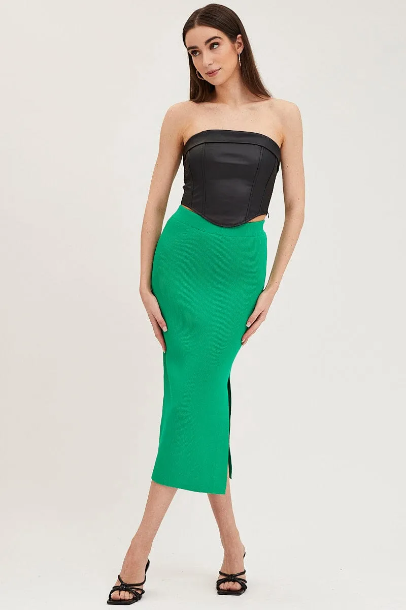 Green Knit Skirt Midi Side Split
