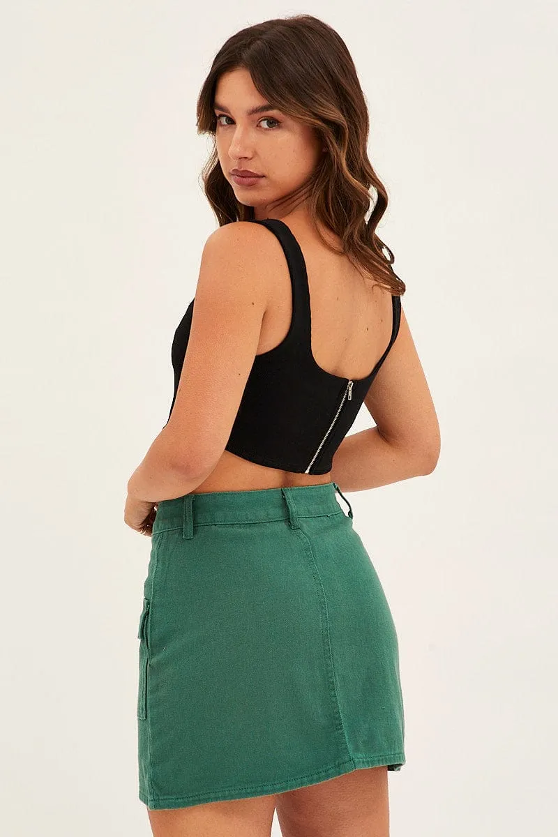 Green Mid Rise Cargo Mini Denim Skirt