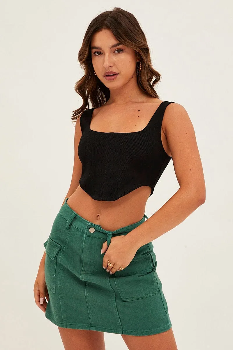 Green Mid Rise Cargo Mini Denim Skirt