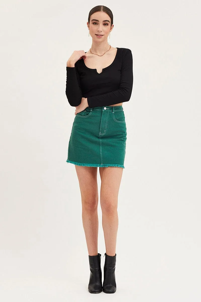 Green Mini Skirt High Rise Fray Hem