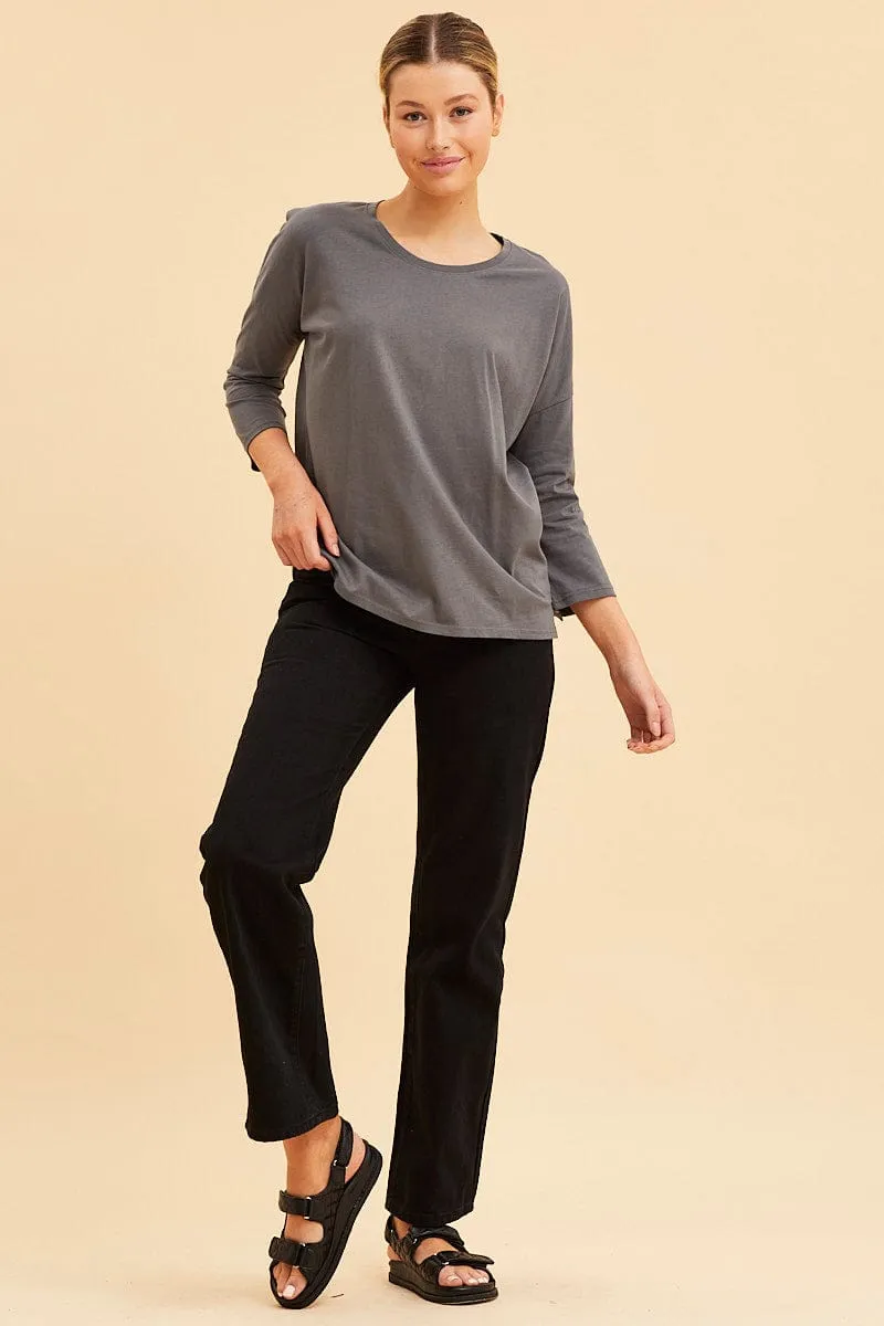 Grey Cotton Top 3/4 Sleeve Drop Shoulder Relaxed Fit