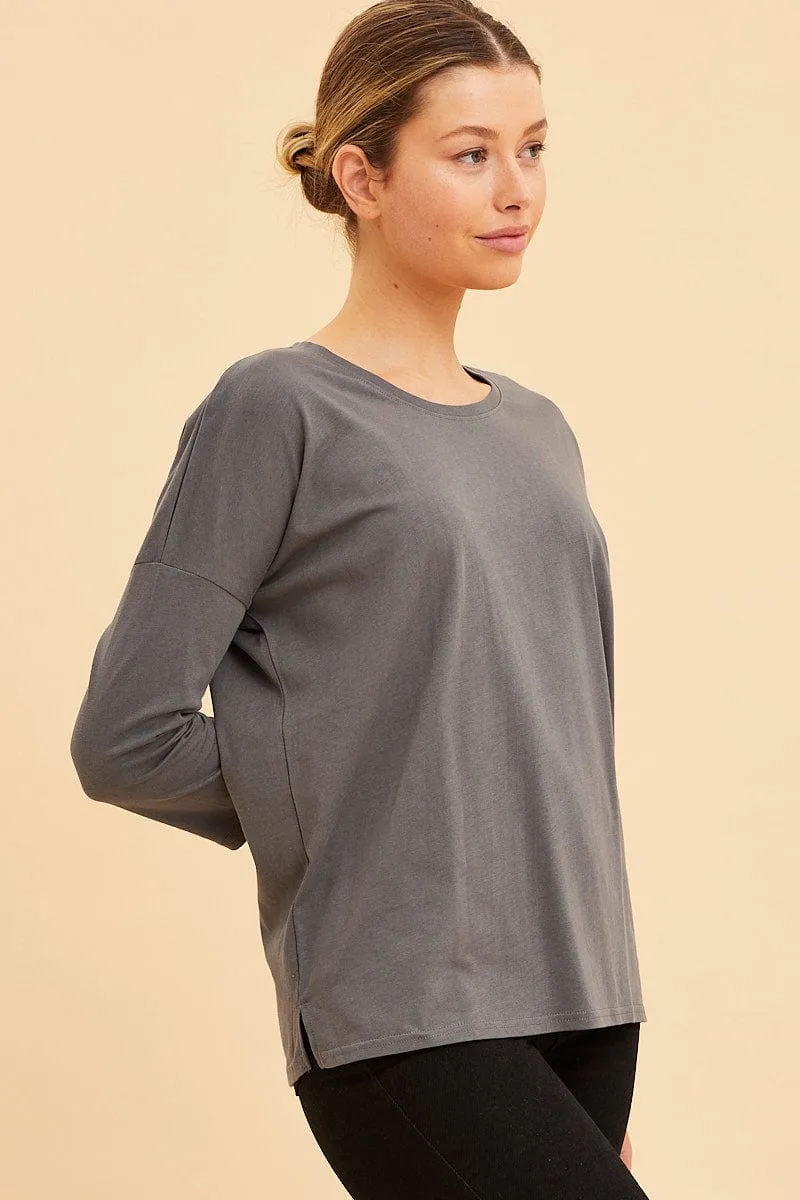 Grey Cotton Top 3/4 Sleeve Drop Shoulder Relaxed Fit