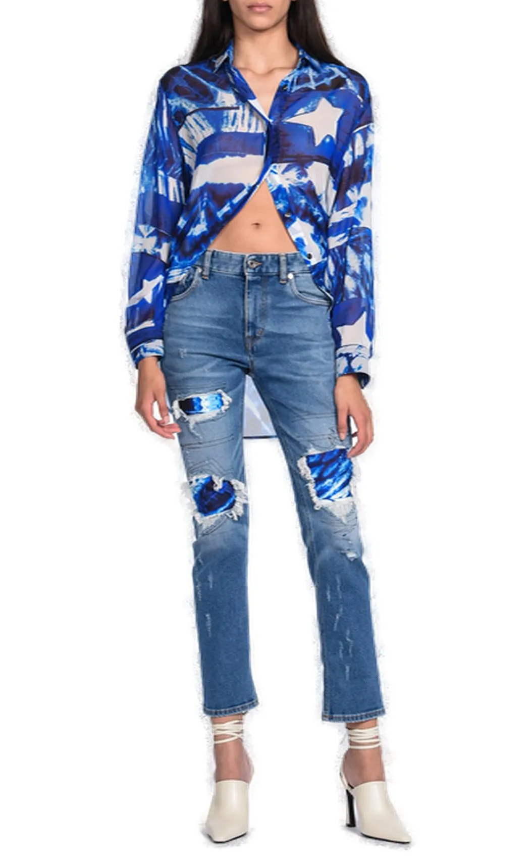 Just Cavalli Patches Under Rips High Waisted Straight Leg Jeans