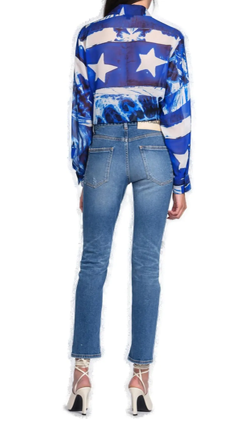 Just Cavalli Patches Under Rips High Waisted Straight Leg Jeans