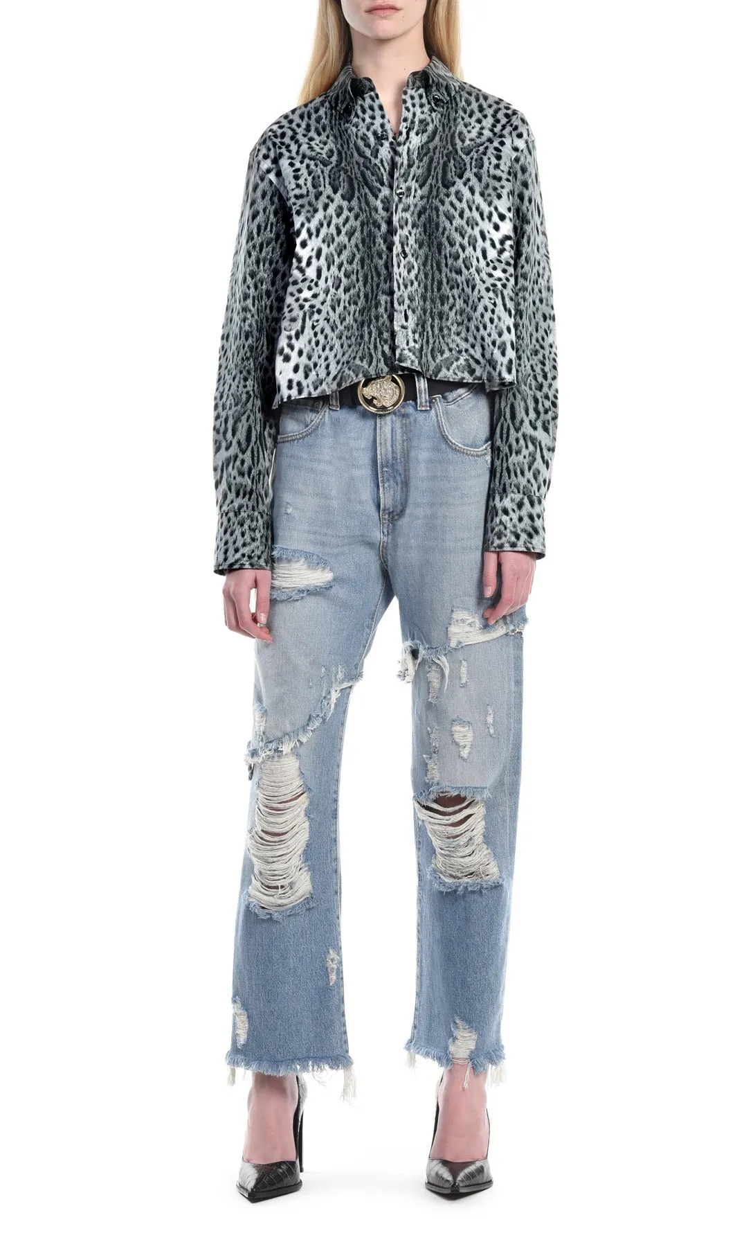Just Cavalli Ripped Mid-Rise Straight-Leg Jeans