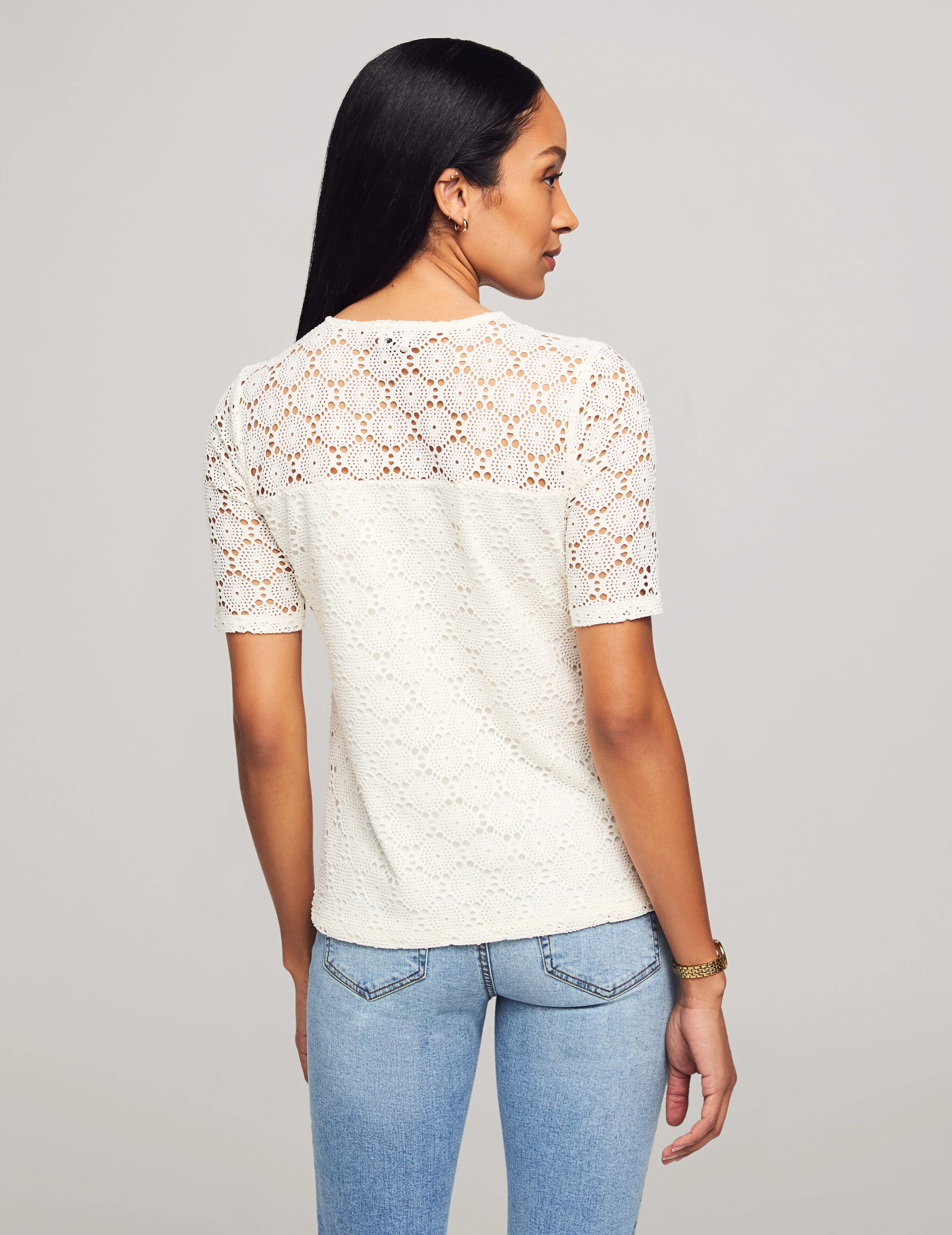 Lace Knit Elbow Sleeve Lace Tee- Sale