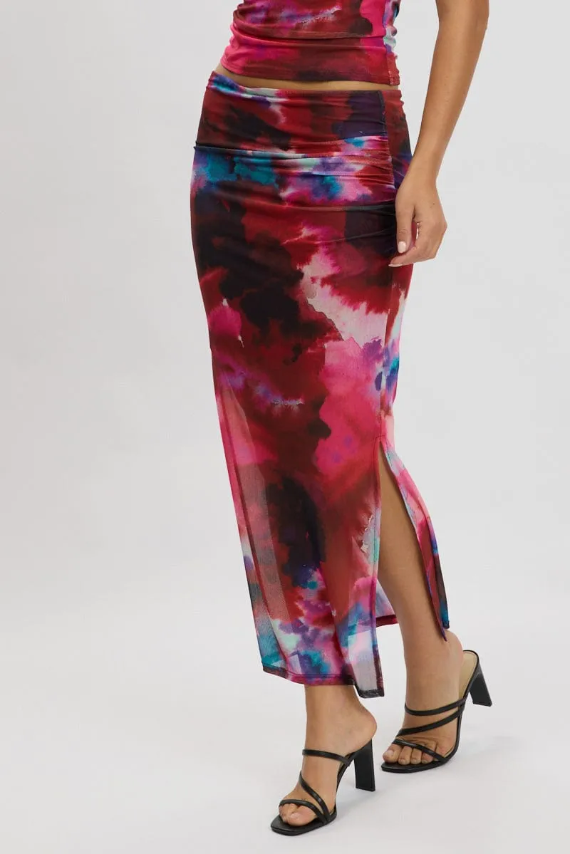 Multi Abstract Midaxi Skirt High Rise Ruched Lined Mesh