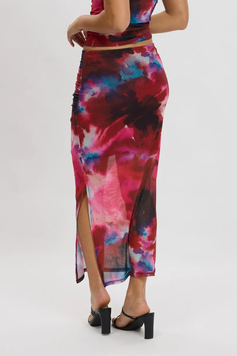 Multi Abstract Midaxi Skirt High Rise Ruched Lined Mesh