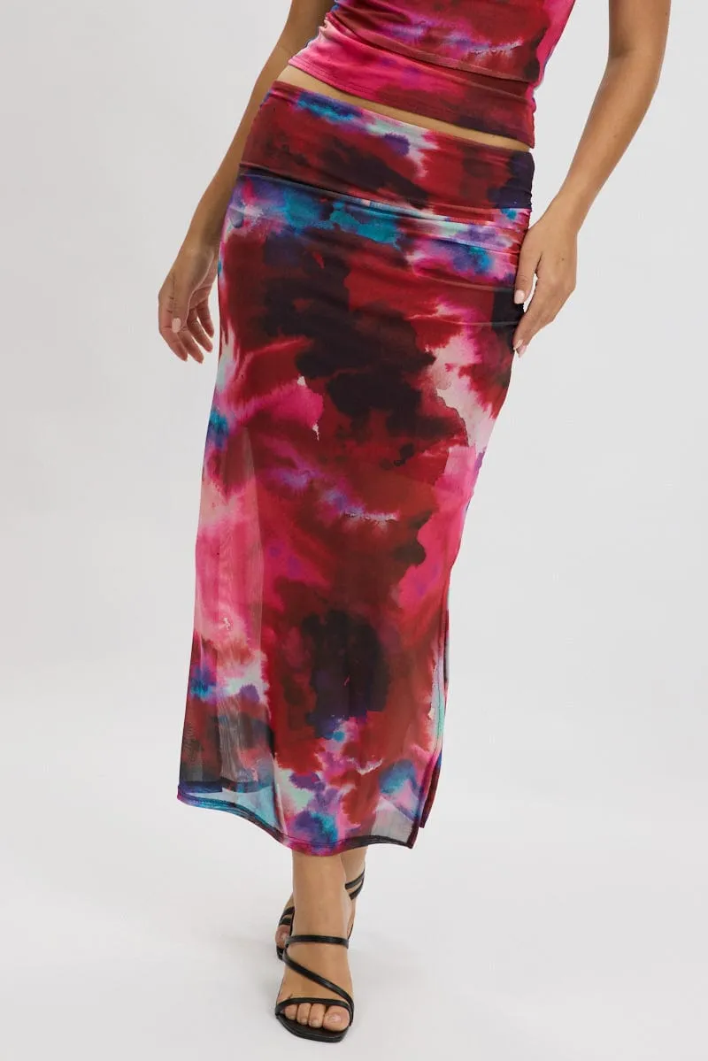 Multi Abstract Midaxi Skirt High Rise Ruched Lined Mesh
