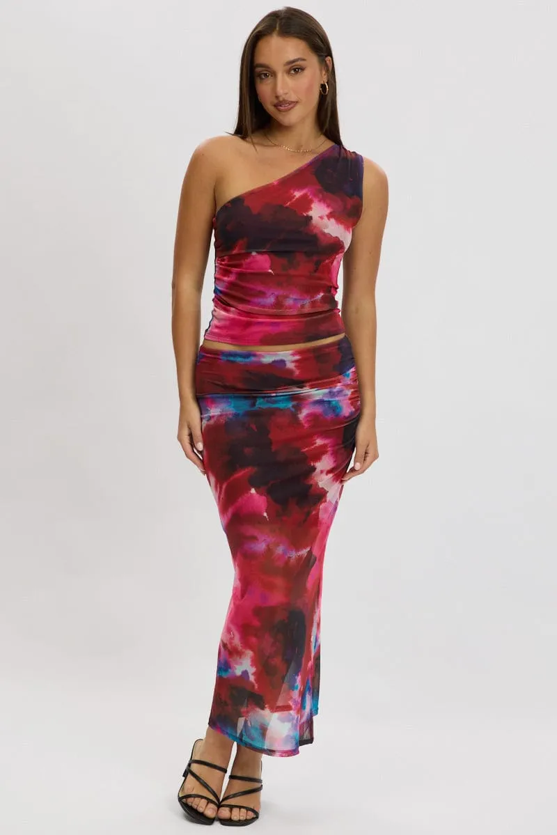 Multi Abstract Midaxi Skirt High Rise Ruched Lined Mesh