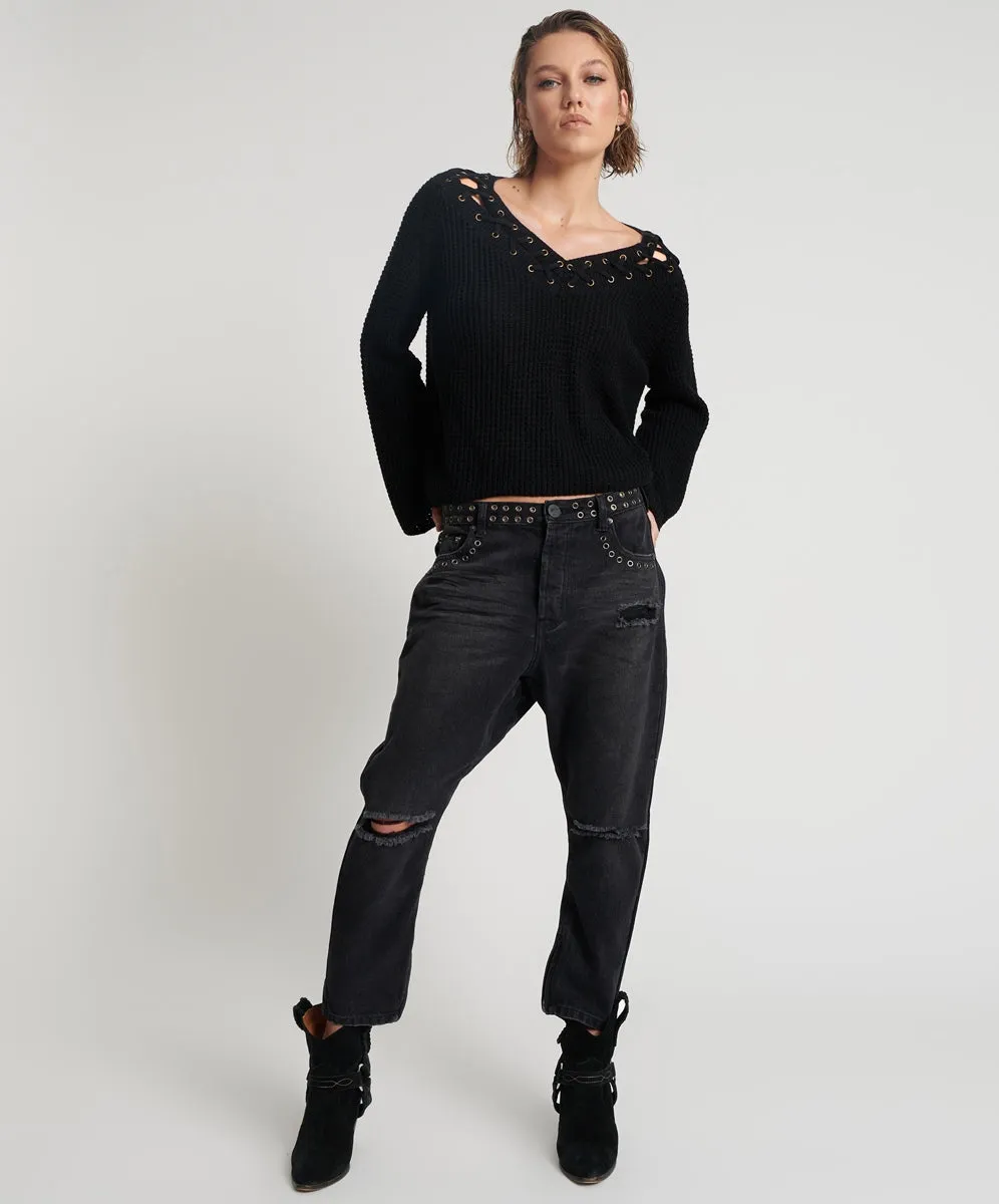 One Teaspoon Kingpins Cropped Boyfriend Jeans Black Oak
