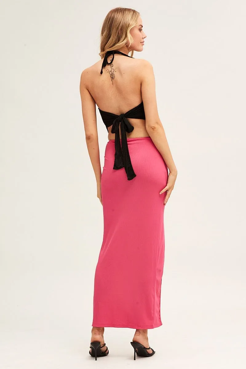 Pink Midi Skirt Bodycon Ring Ribbed
