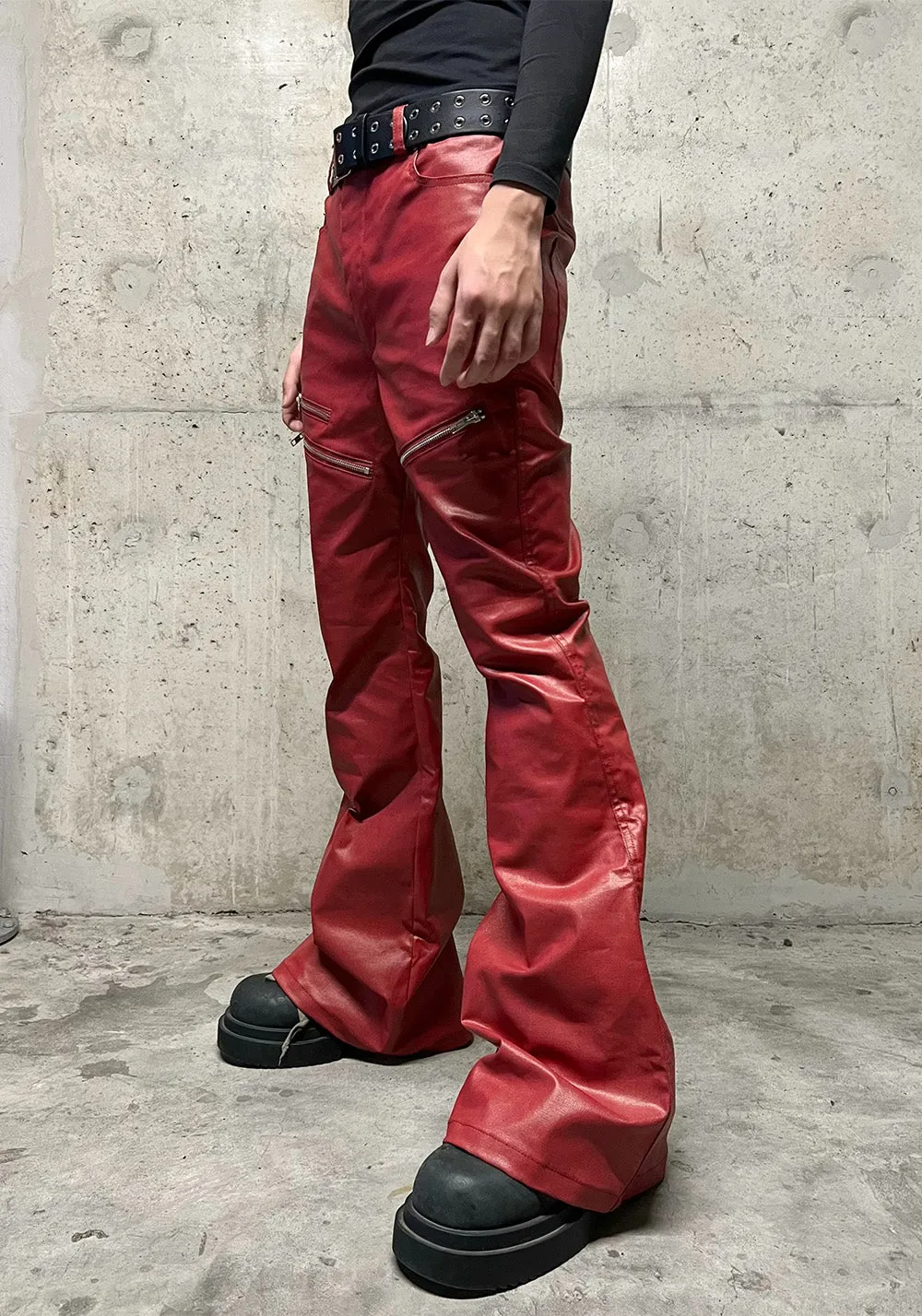 REBEL WAVE丨Liquid Metal Red Coated Waxed Flared Jeans