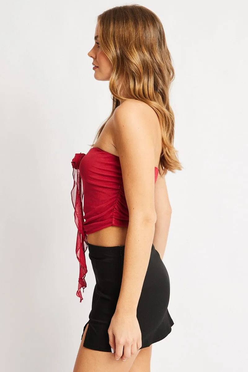 Red Bandeau Top Mesh Rosette