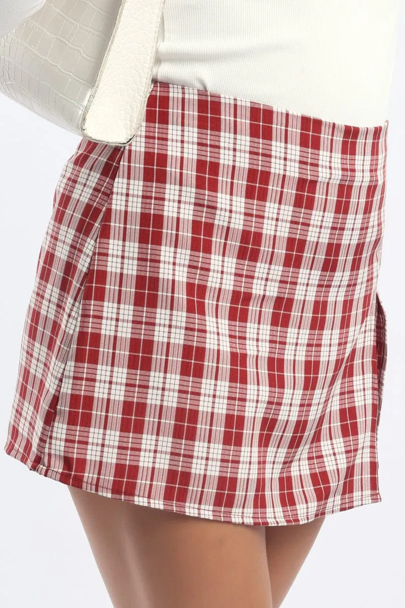 Red Check Mini Skort Skirt Mid Rise Tailored Lined